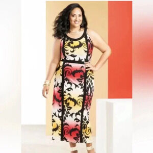 ASHLEY STEWART Maxi Dress Sleeveless Window Pane Floral Plus Size 14 16 Stretch